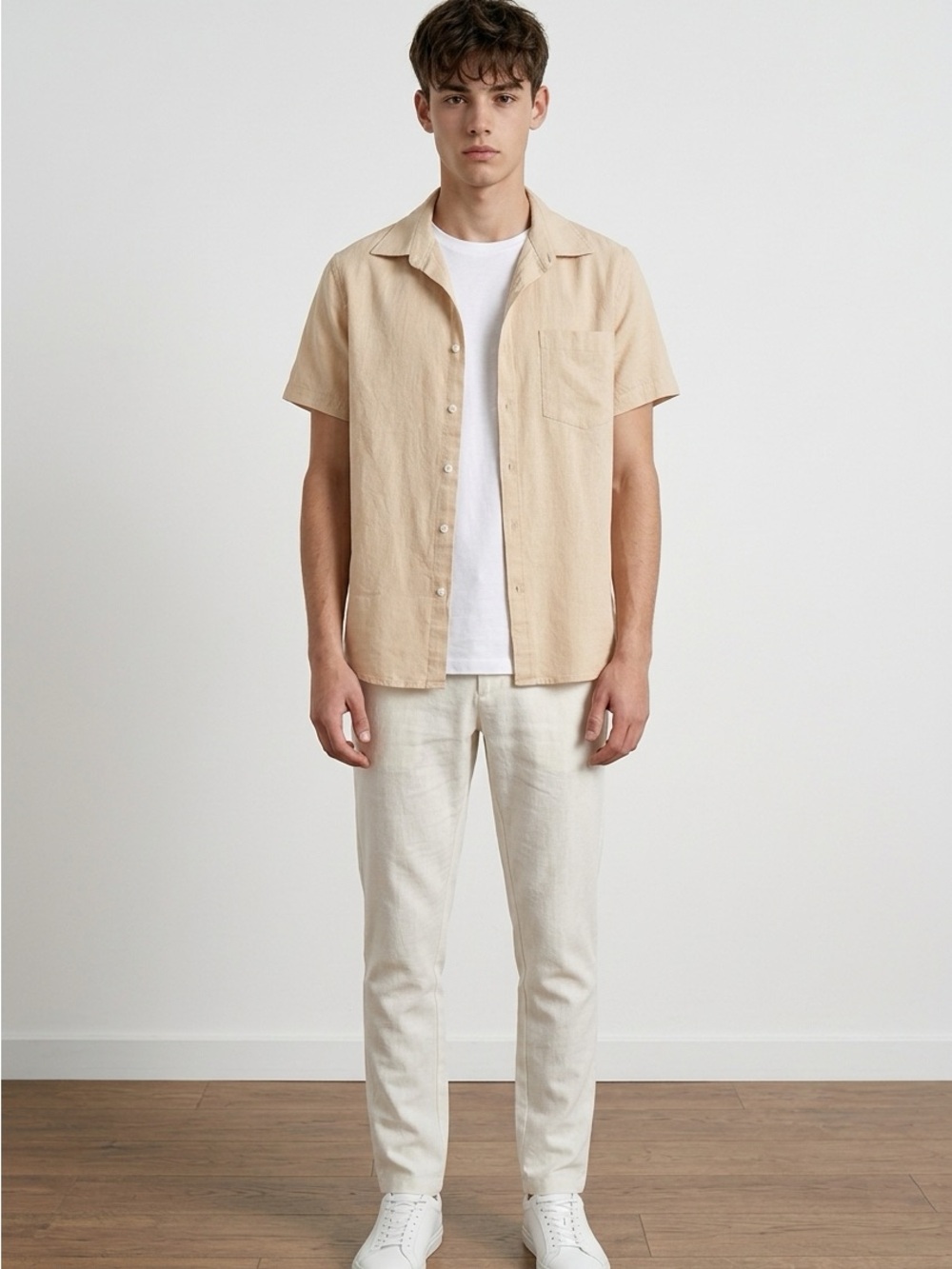 Men's Short-Sleeve Button-Down Shirt in Taupe
